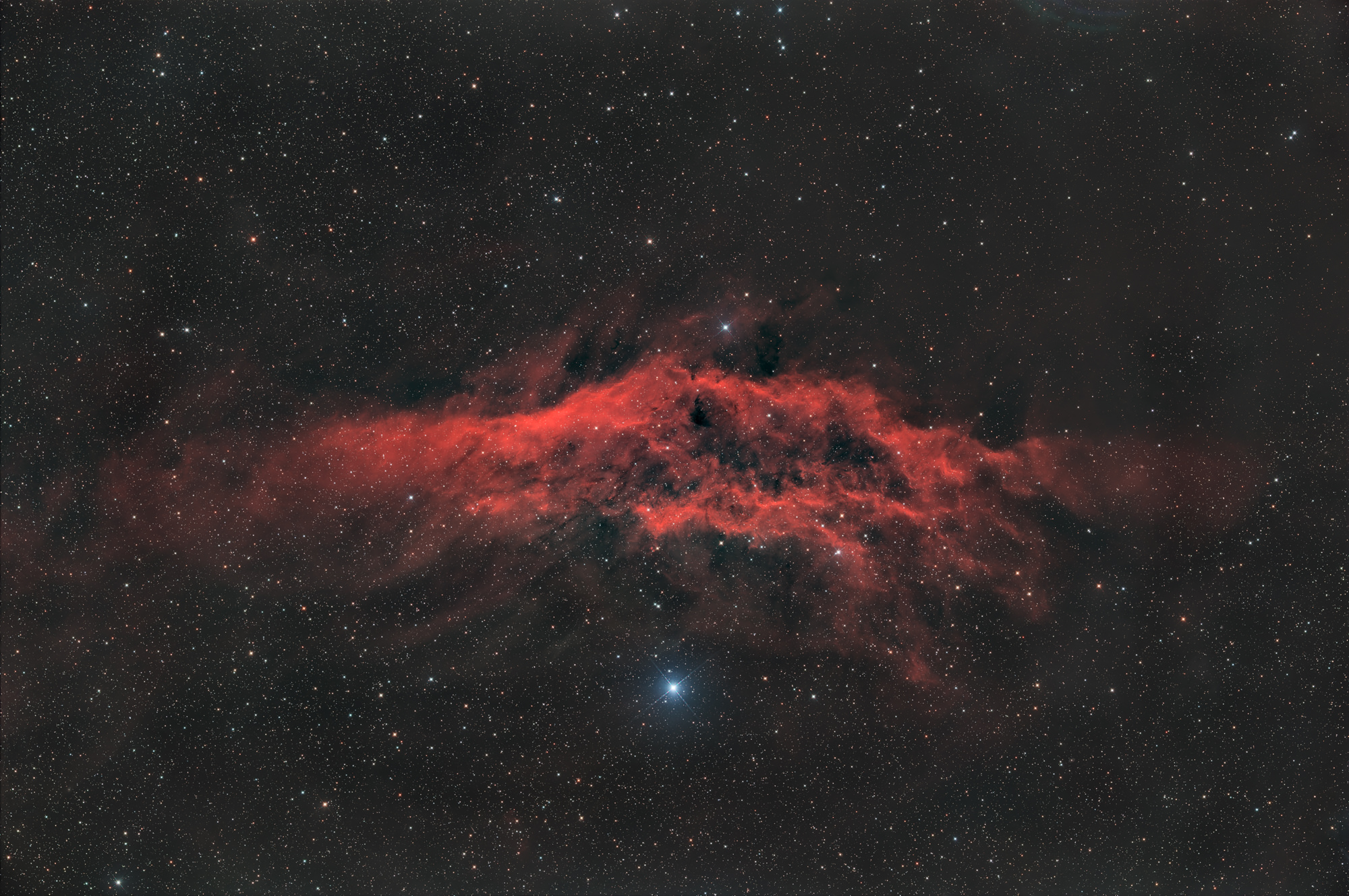 The California Nebula (NGC 1499) is an emission nebula in the constellation Perseus. It is so named because it resembles the outline of the US state of California in deepsky photos.